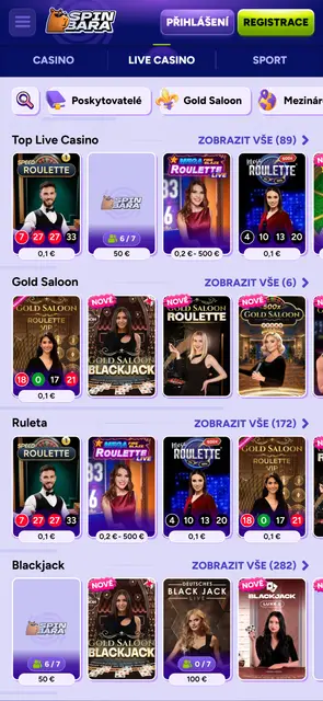 Mobilní web Spinbara, živé casino se stoly Gold Saloon, ruletou a blackjackem